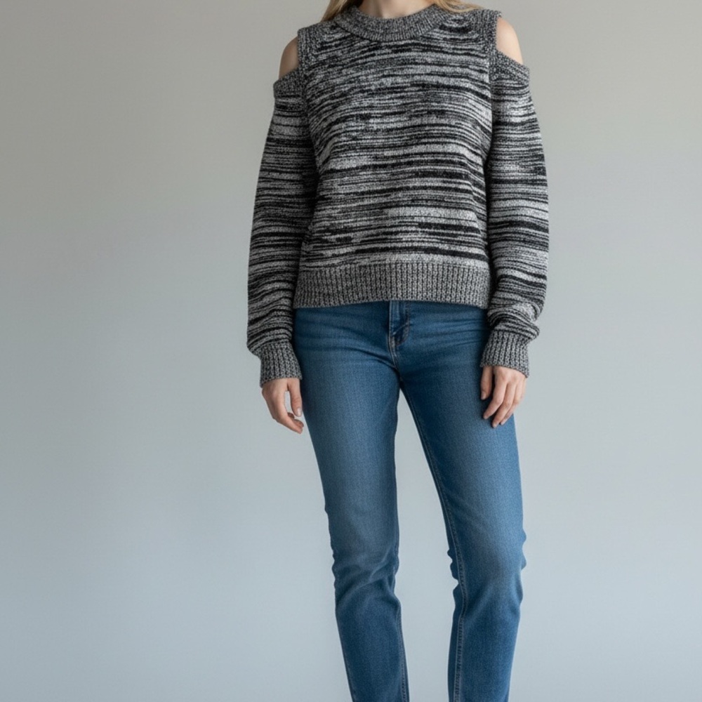 DKNY Women’s Cold Shoulder Knit Sweater Gray Black Marled Long Sleeve Size M